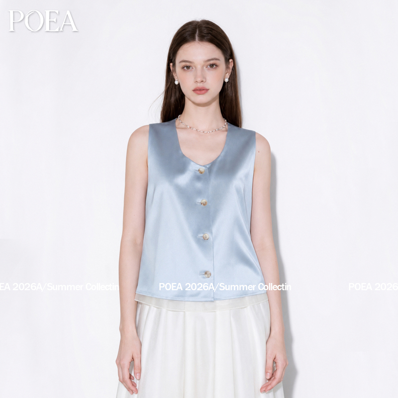 Poea Carona Gallery French-Style Blue Satin Color-Block Layered Patchwork Large U-Neck Sleeveless Shirt Top for Women Poea Carona Gallery French-Style Blue Satin Color-Block Layered Patchwork Large U-Neck Sleeveless Shirt Top for Women