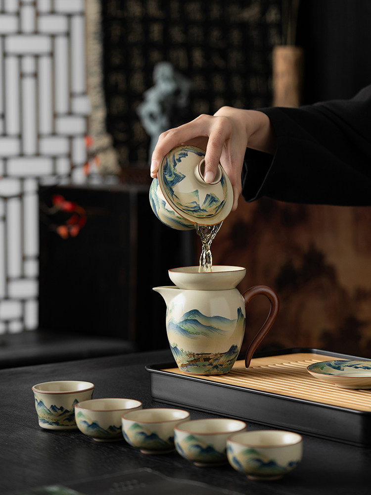 Wanli Shanhe Ru Kiln Xishi Teapot Kung Fu Tea Set High-End Tea Brewing Pot and Cup Complete Set Gift Box for Elders