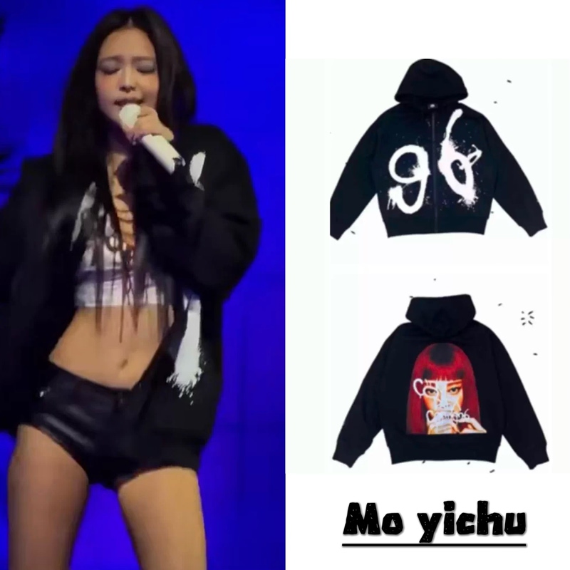 Jennie's Hong Kong Concert Same Style Black Letter Print Zipper Long-Sleeve Hooded Unisex Sweatshirt Jennie's Hong Kong Concert Same Style Black Letter Print Zipper Long-Sleeve Hooded Unisex Sweatshirt