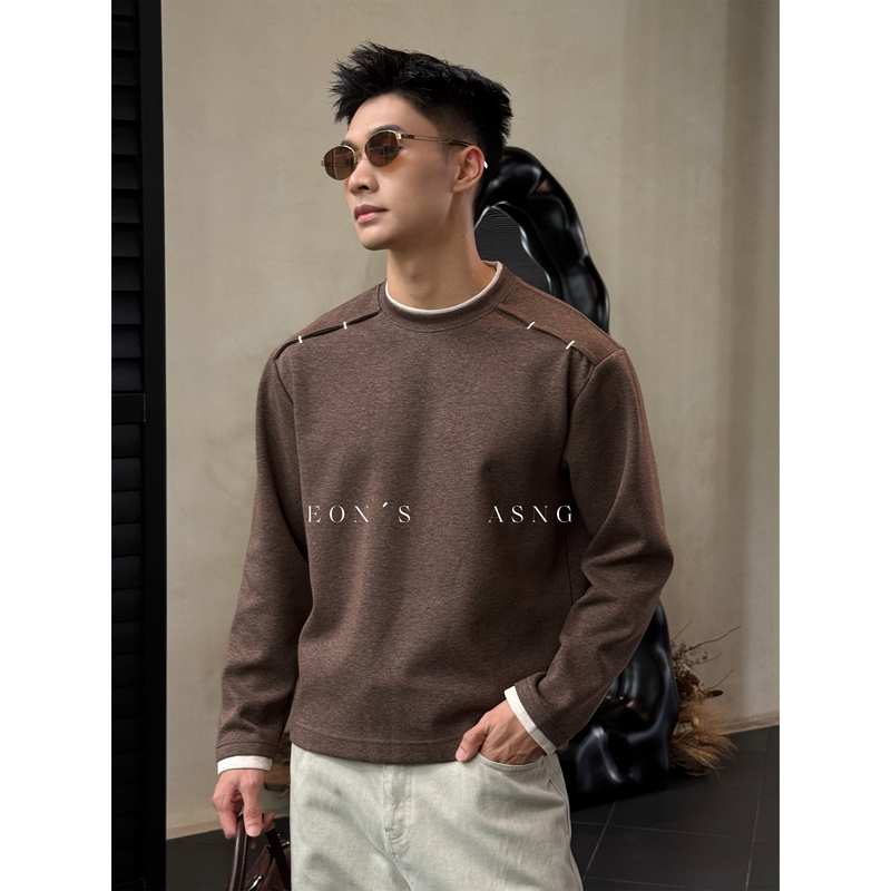 Eon's "Contrast Color Double Layer Collar" Casual and Versatile Fake Two-Piece Round Neck Men's Long-Sleeve T-Shirt in a Mature Old Money Style