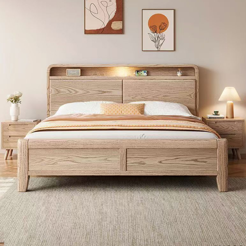 Guangdong Foshan White Wax Wood Bed Solid Wood Bed Minimalist Light Luxury Storage Bed Nordic Double Bed Small Apartment Wedding Bed Master Bedroom