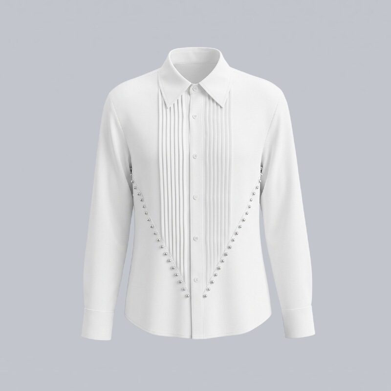 Nanbang Light Luxury Shoulder Pad Pleated Waist-Cinching Shirt for Men with Rivet Decoration and Design, Long-Sleeved White Shirt Nanbang Light Luxury Shoulder Pad Pleated Waist-Cinching Shirt for Men with Rivet Decoration and Design, Long-Sleeved White Shirt