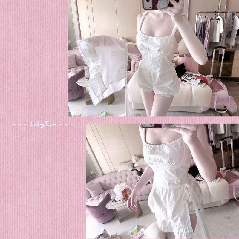 Lilyqin【White Ragdoll】6/20 Pure White Cotton Camisole Jumpsuit + Small Door Curtain Apron Set