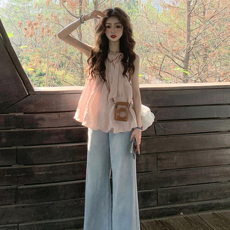 韓国風エレガントタイウエストノースリーブホルターネックタンクトップとハイウエストスリムワイドレッグジーンズのセット（2025年夏向け）