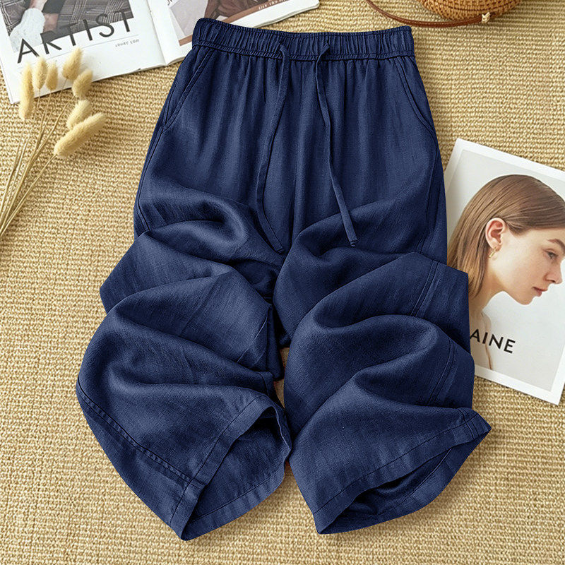 Navy Blue Linen Wide-Leg Pants for Women, Summer Thin Style, 2026 New Narrow Version, Cropped Straight-Leg Pants, Casual Cotton-Linen Trousers