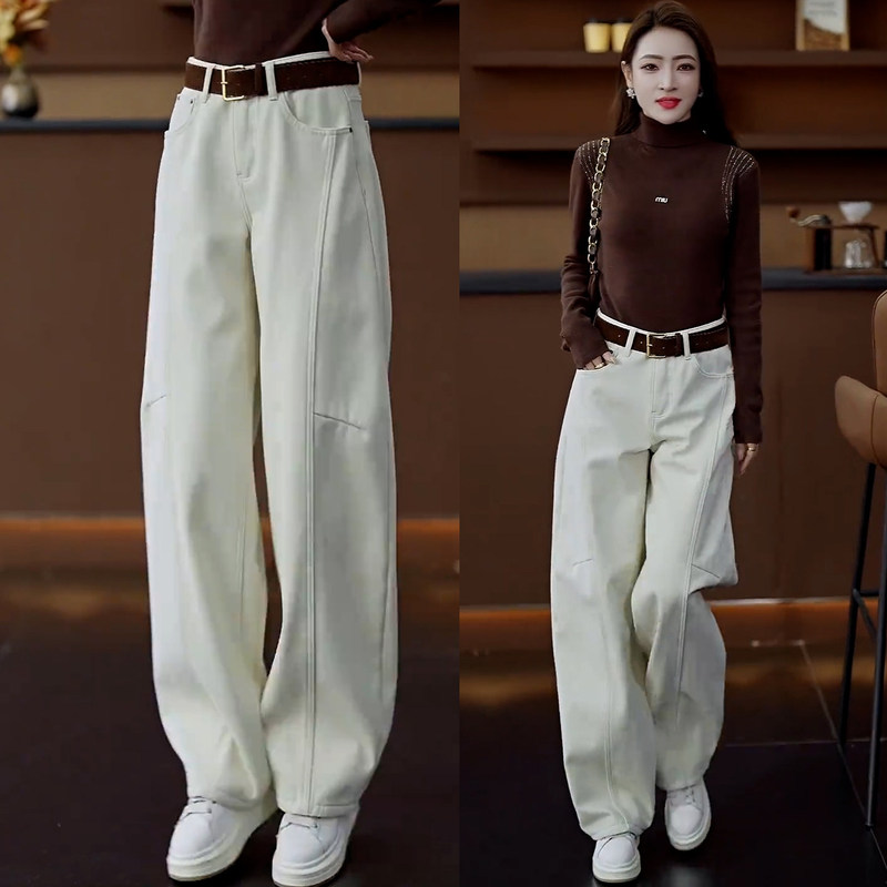 Off-White Curved Hem Jeans for Women, Autumn/Winter 2026 New Popular Style, Casual Straight Pants, Loose Narrow Wide-Leg Pants Off-White Curved Hem Jeans for Women, Autumn/Winter 2026 New Popular Style, Casual Straight Pants, Loose Narrow Wide-Leg Pants