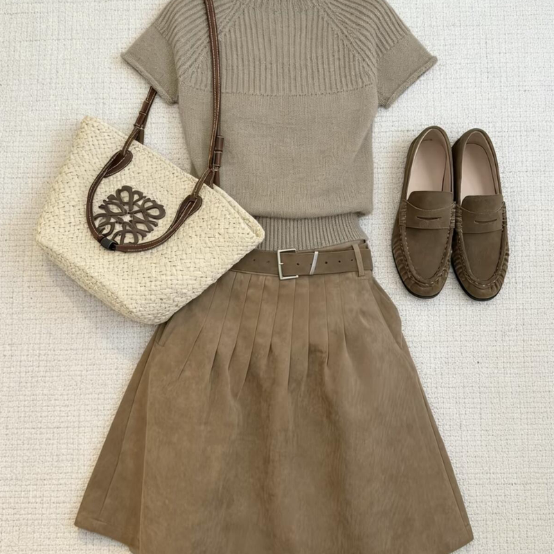 Summer Casual Outfit Set for Women, Short-Sleeved Knitted Top and High-Waisted Skirt Two-Piece Set