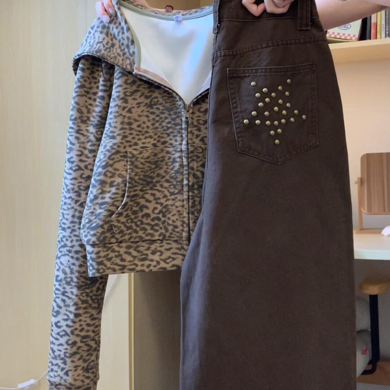 Autumn Clothing 2026 New Trendy Popular Women's Casual Leopard Print Hooded Jacket High-Waisted Wide-Leg Pants Two-Piece Set