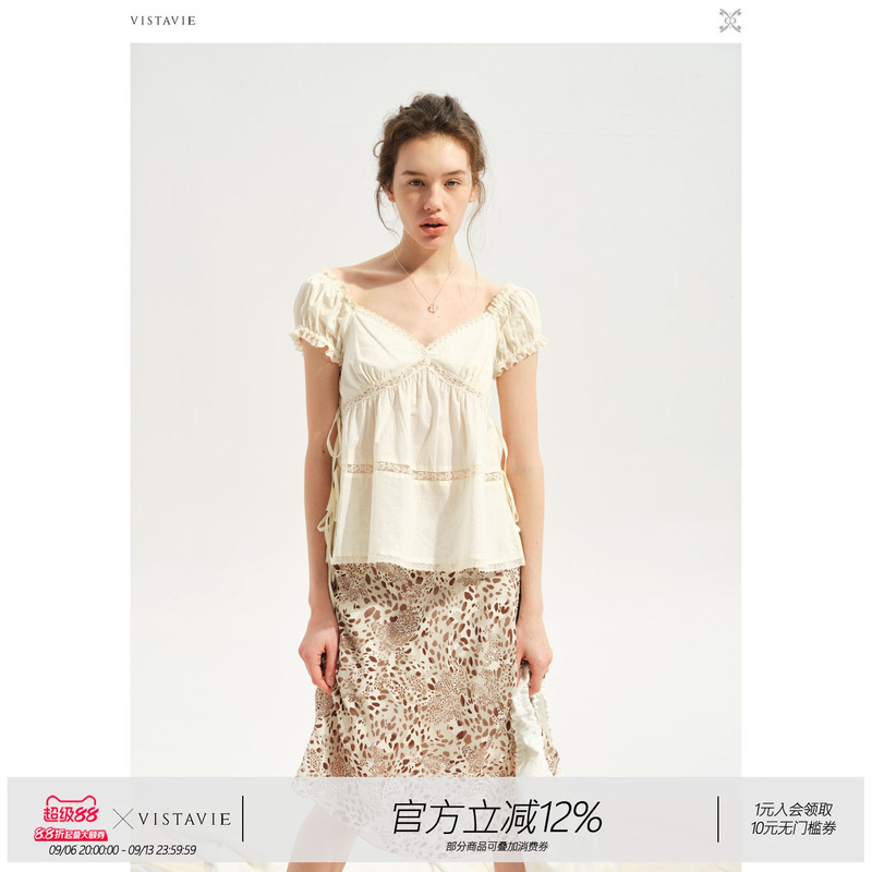 Vistavie Original French V-Neck Lace Heavy-Duty Lace-Up Cotton Short-Sleeve Top Tilde Puff Top