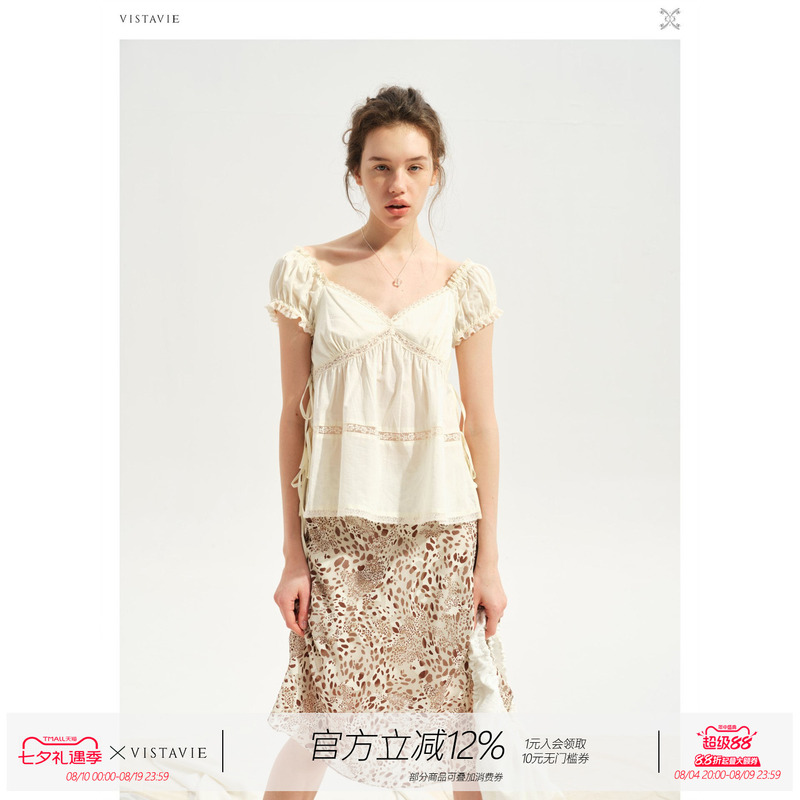Vistavie Original French V-Neck Lace Heavy-Duty Lace-Up Cotton Short-Sleeve Top Tilde Puff Top Vistavie Original French V-Neck Lace Heavy-Duty Lace-Up Cotton Short-Sleeve Top Tilde Puff Top