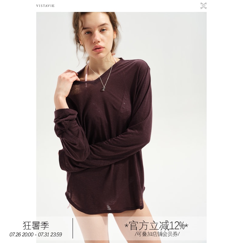 Vistavie Lyocell Linen Lightweight Breathable Loose Blouse Long-Sleeved T-Shirt Sylvie