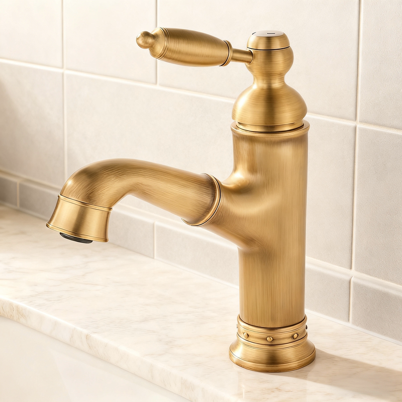 European-Style Antique Gold-Colored All-Copper Pull-Out Basin Faucet, Hot and Cold Water Sink Faucet, Single-Handle Retro Faucet