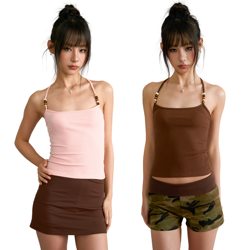 Kees Complex 26Ss Pink-Brown Beaded Halter Neck Knitted Camisole Slim Fit Spring and Summer Versatile