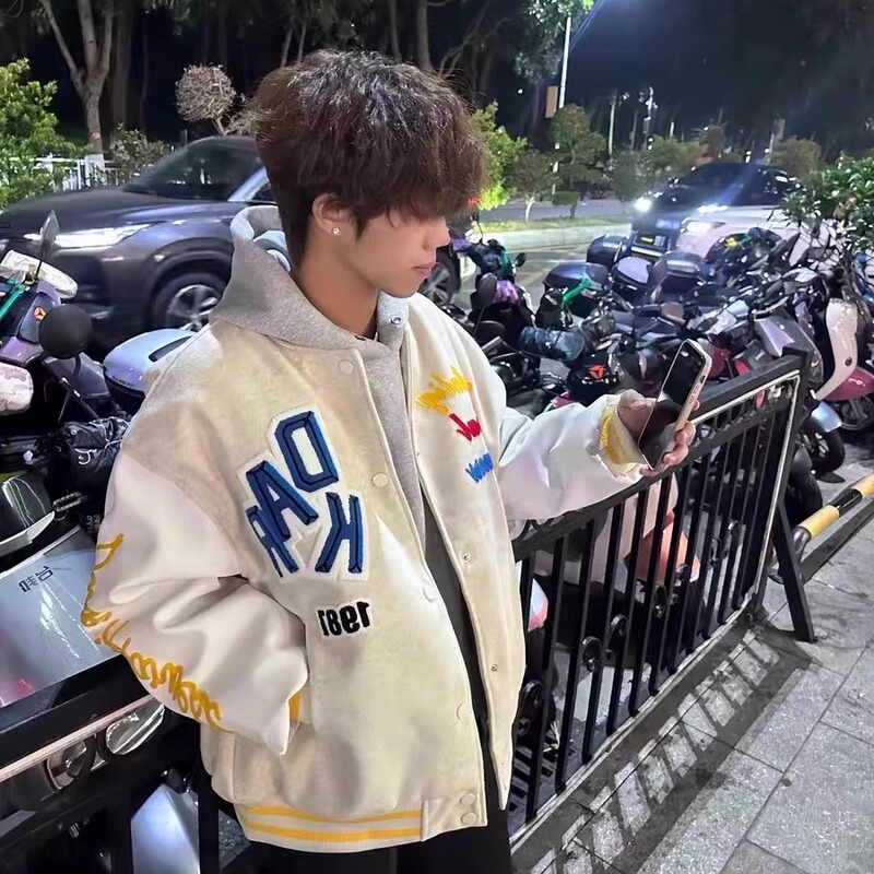 American-Style Trendy Brand Letter Heavy Embroidery Baseball Jacket for Men, Popular Loose Retro Couple Versatile Color-Block Jacket