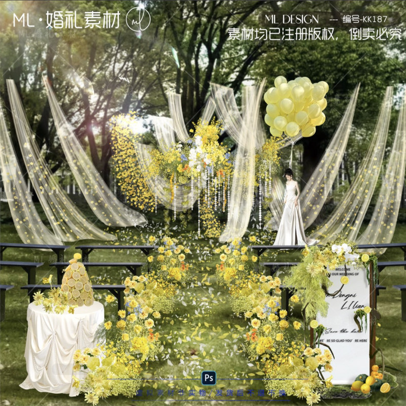 187 Garden-Style Outdoor White Gauze Wedding Scene Renderings with Yellow and Blue Baby's Breath Floral Arrangements Wedding Materials
