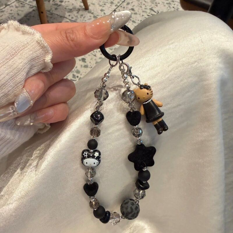 Ins Black Crystal Cartoon Beaded Phone Chain Cute Long-Legged Kittyccd Camera Key Versatile Pendant Ins Black Crystal Cartoon Beaded Phone Chain Cute Long-Legged Kittyccd Camera Key Versatile Pendant