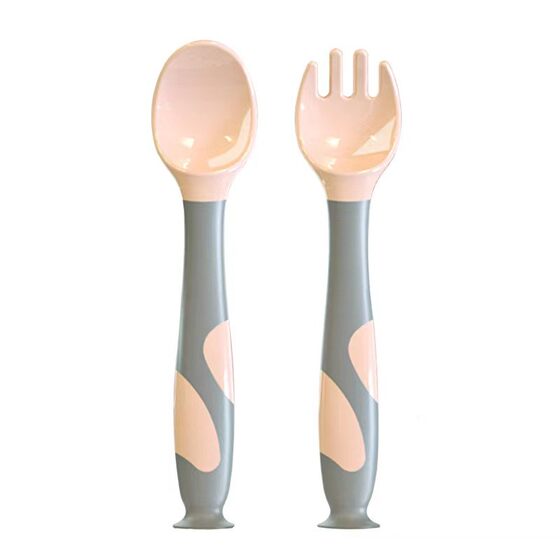 婴儿学吃饭训练自主进食硅胶辅食餐具幼儿吸盘立式可弯曲勺子叉子