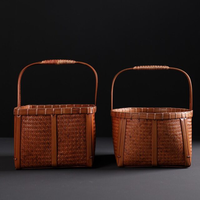 Vintage Bamboo Woven Storage Basket, Picnic Basket, Tea Set Storage Basket, Bamboo Basket, Chinese-Style Distressed Basket, Hand-Woven Basket