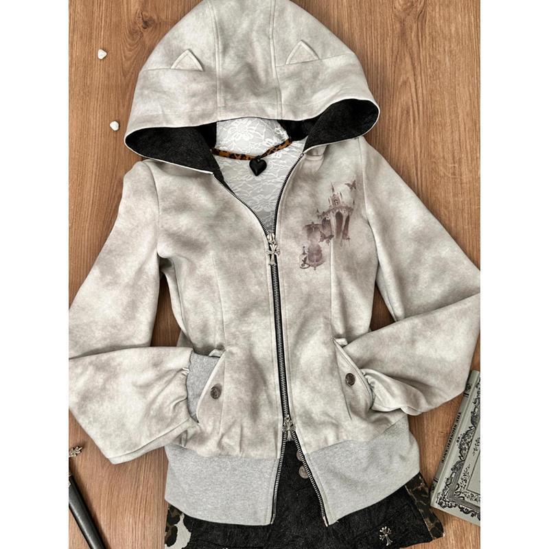 American-Style Spicy Girl Spring Jacket for Women, Printed Gray Wasteland Style Hooded Sweatshirt, Retro Cardigan, Niche Jacket American-Style Spicy Girl Spring Jacket for Women, Printed Gray Wasteland Style Hooded Sweatshirt, Retro Cardigan, Niche Jacket