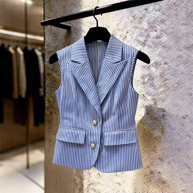 Light Mature Style Blue Striped Sleeveless Vest for Women, Summer Waist-Cinching Slimming Suit Collar Buttoned Vest, Plus Size Women's Clothing