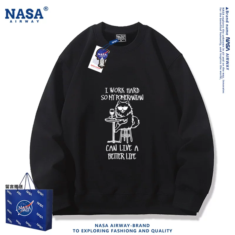 Мужская толстая хлопковая футболка с круглым вырезом (NASA) — принт «I work hard» с померанцем в золотой окантовке