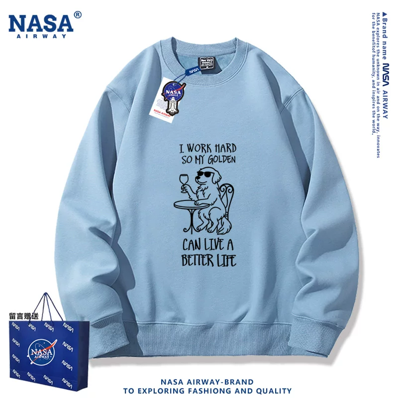 Мужская толстая хлопковая футболка с круглым вырезом (NASA) — принт «I work hard» с померанцем в золотой окантовке