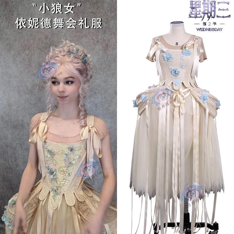 Enid Cosplay Costume Ball Gown Little Wolf Girl Wednesday Season 2 Cosplay Halloween Wig Shoes