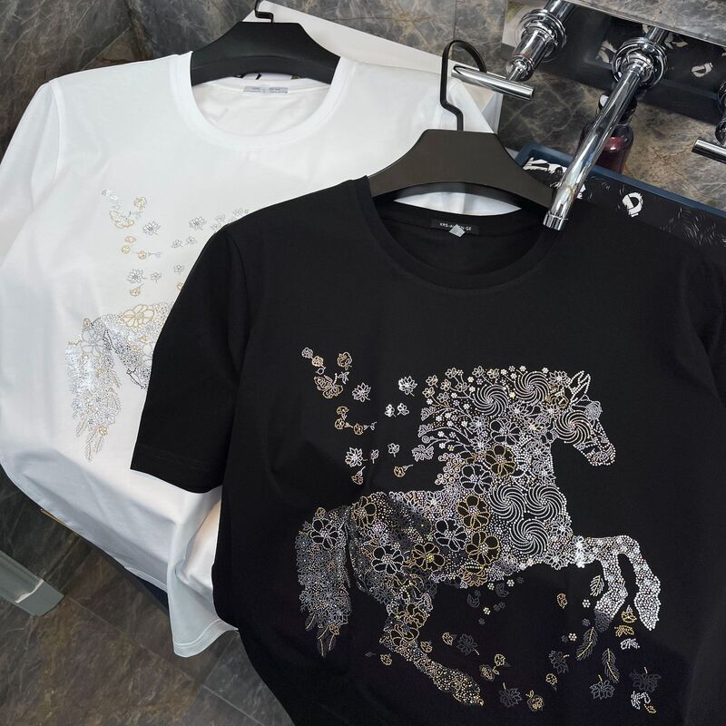 Suitable for Those Who Like Hermès, the Men's Clothing Collaboration Summer T-Shirt with Horse Head Rhinestones, Short-Sleeved Round-Neck Top for Young Men
