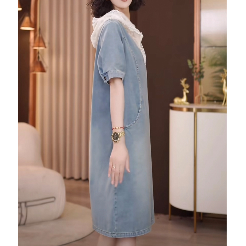 High-End Light Luxury Lace Hooded Solid Color Denim Dress, Plus Size, Loose Fit, Large Pocket Dress, Summer 2026 New Collection
