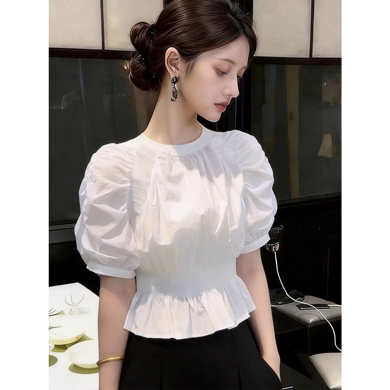 2026 Korean Chic Unique Blouse with Puff Sleeves, Round Neck, Waist-Cinching, Summer, Unique, Beautiful, Stunning, Slim-Fitting Top