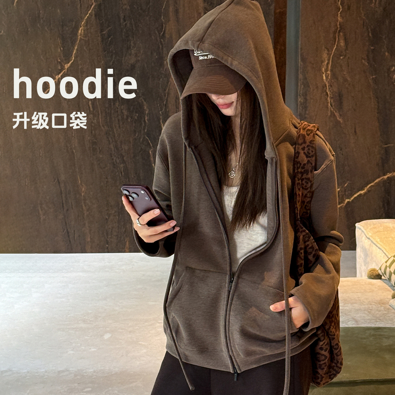 Brown Hooded Sweatshirt for Women, New Autumn Style, Large Pockets, Lazy Casual Cardigan, Retro Thickened Top Jacket Brown Hooded Sweatshirt for Women, New Autumn Style, Large Pockets, Lazy Casual Cardigan, Retro Thickened Top Jacket