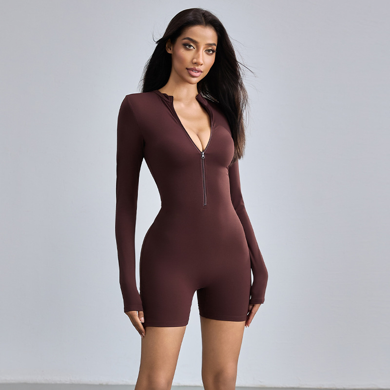 Open-Neck Zipper Jumpsuit for Women, Long-Sleeved, Stretchy, Sexy Yoga Wear, One-Piece Tight-Fitting Fitness Wear Lty3414