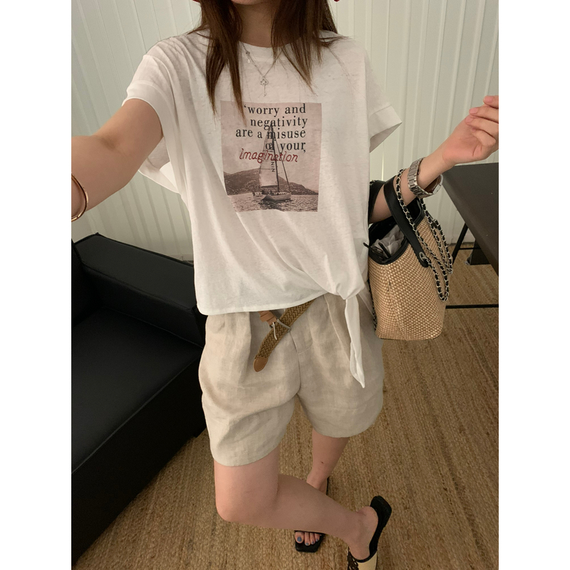 I-D Sisters Simple and Versatile Round Neck Loose-Fitting English Slogan Printed Short-Sleeved T-Shirt with Side Knotting 551893