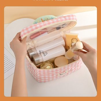 High-value cute plaid makeup bag macaron travel toiletry bag portable large capacity multifunction storage