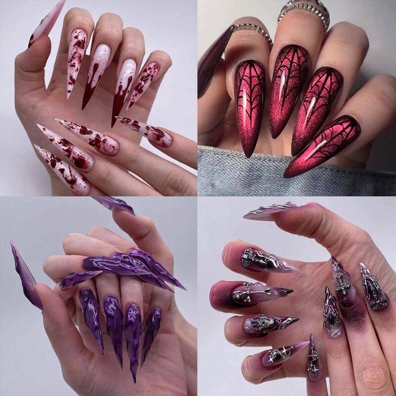 Halloween Wearable Nails Cosplay 3D Stereoscopic Nail Art Fake Nails European and American Dark Style Spider Bat Nails