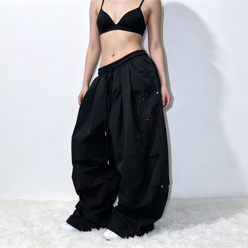 Acent Quick-Dry Pants Summer New Retro American Style Lazy Vibe Rhinestone Studded Wide-Leg Sports Jogger Casual Pants