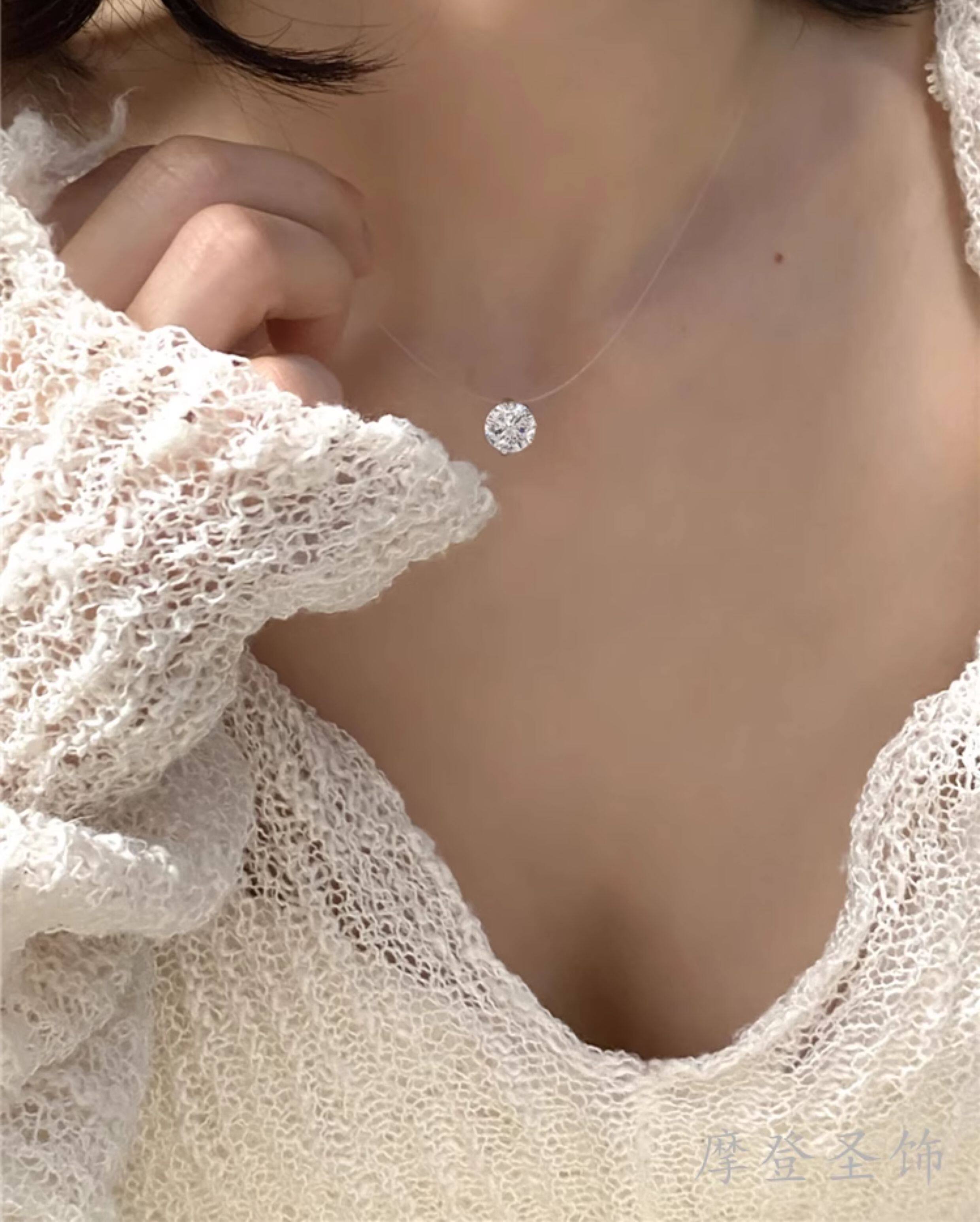 Серебряное ожерелье 摩登圣饰s925纯银莫桑钻鱼线项链女人鱼之泪锁骨链生日礼物送女友