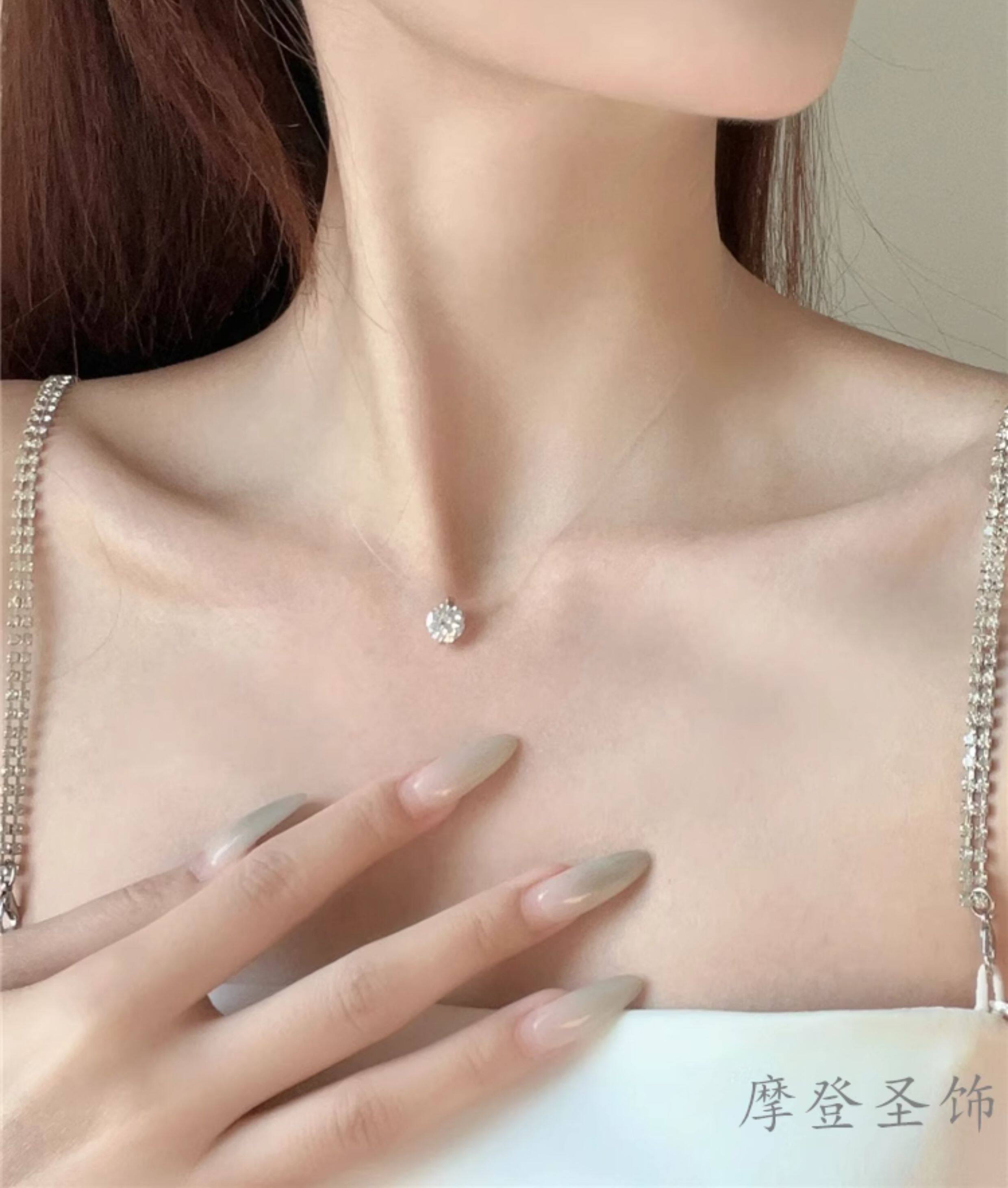 Серебряное ожерелье 摩登圣饰s925纯银莫桑钻鱼线项链女人鱼之泪锁骨链生日礼物送女友