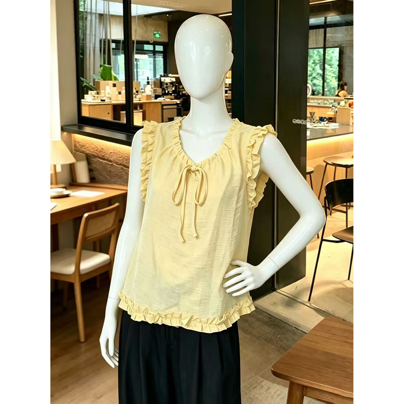 French-Style V-Neck Shirt for Women, Summer Loose-Fitting, Super Stylish Sleeveless Top, Tank Top, Babydoll Shirt, Yellow Blouse