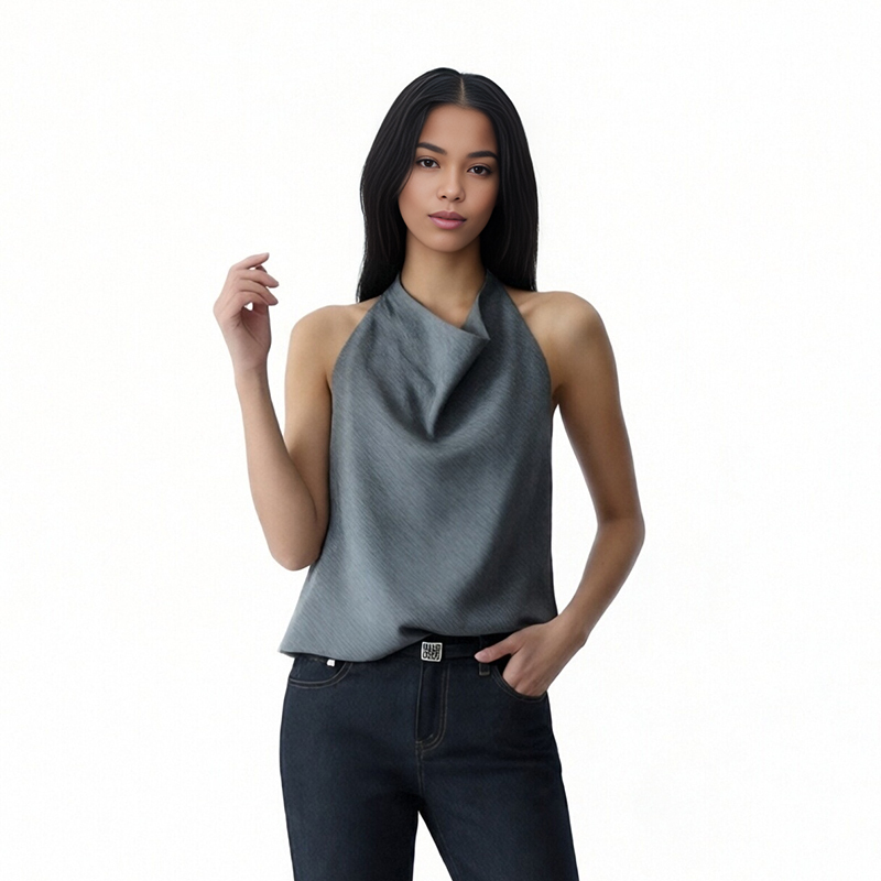 Lyocell/Linen Cool and Stylish Halter Neck Sleeveless Top 2026 New Women's Summer Short Shirt