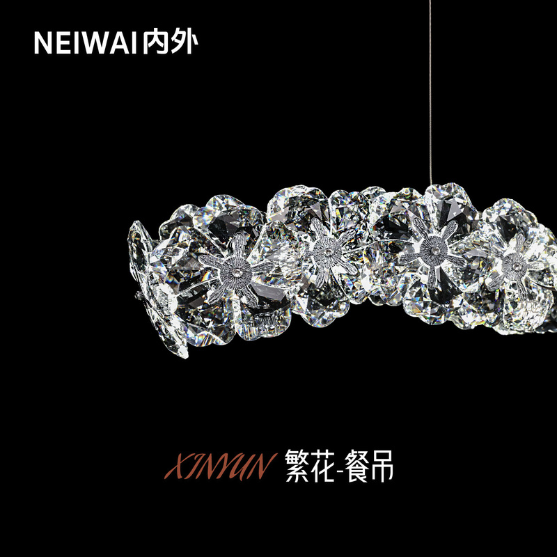 Neiwai Italian-Style Light Luxury Crystal Dining Room Chandelier with Floral Design, Designer French-Style Linear Island Table Lighting