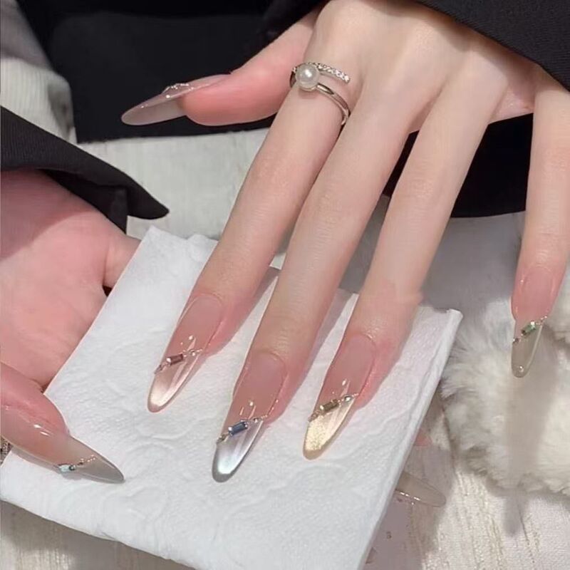 Handmade Rainbow Cat Eye French Style Purely Handmade Wearable Elegant Nails High-End Manicure Gradient Whitening New Style Nail Stickers