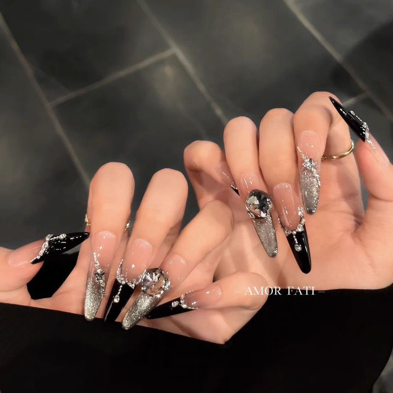 Dark Handmade Nail Art, Wearable French Style, High-End Sparkling Black Cat Eye, Brightening, Sweet and Cool Spicy Girl Vibe, Gradient