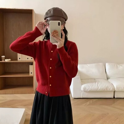 egg smile法式复古赫本风正肩小金扣圆领针织开衫泡泡袖毛衣 YT