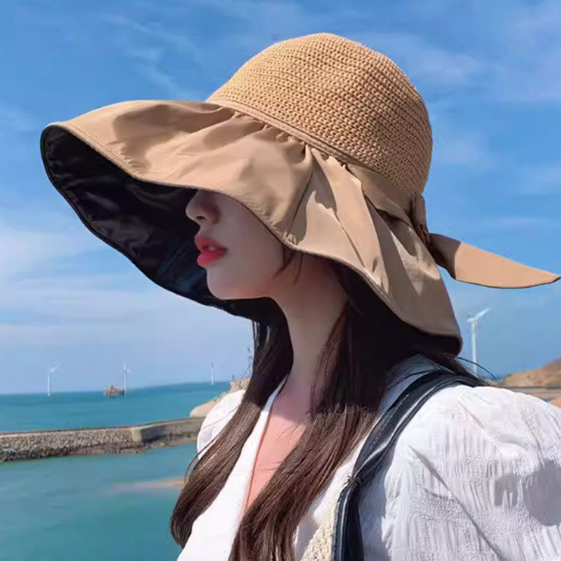 夏季防晒帽女防紫外线春秋新款黑胶遮阳帽大帽檐旅游渔夫帽