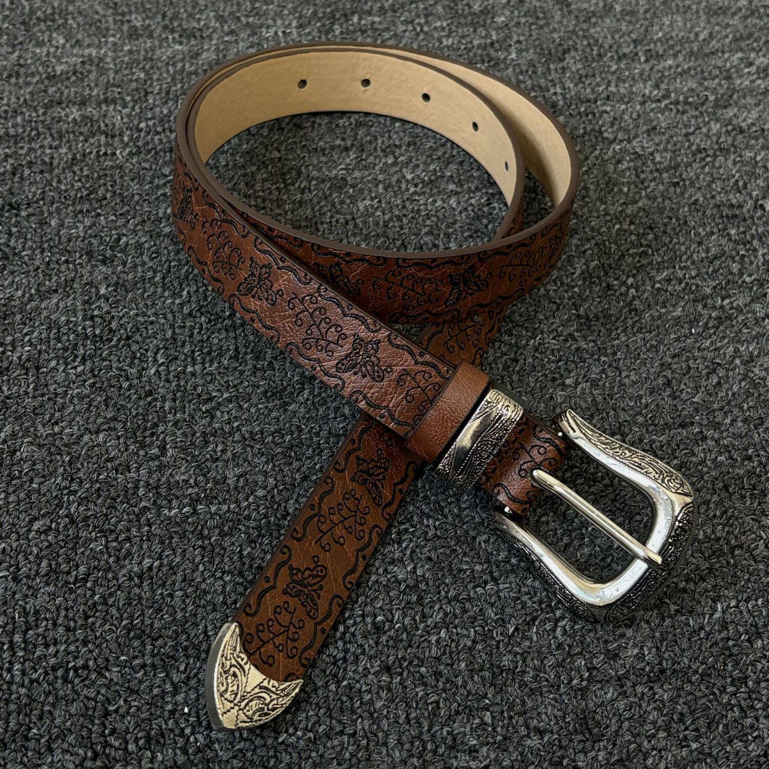Vintage Brown Embossed Pin Buckle Belt Cleanfit Niche Design Simple Versatile Leather Belt Accessory