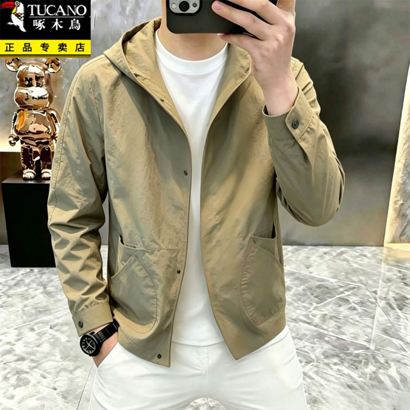 Woodpecker Hooded Jacket Spring and Autumn Thin Coat Men's New Casual Versatile Multi-Pocket Long-Sleeve Snap-Button Jacket