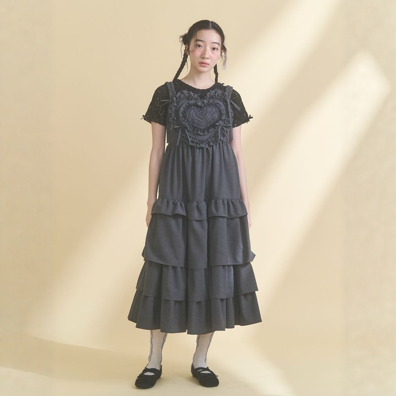 Japanese Brand Popular Original Mj Heart Lace Patchwork Tiered Skirt Dress (Can'T Be Compared to Store Displays)