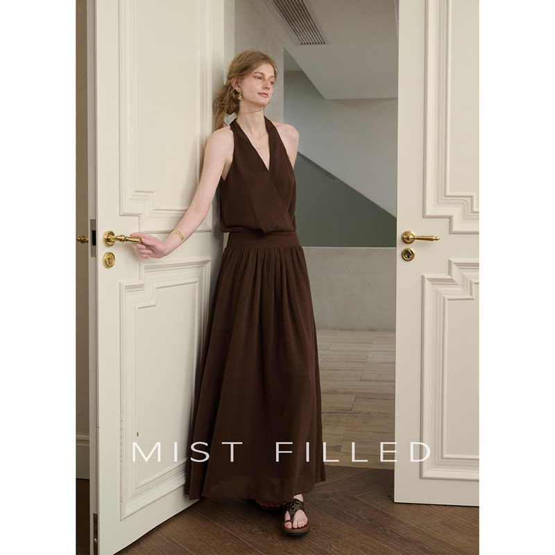Mist Filled French-Style Lyocell Halter V-Neck Two-Piece Overlapping Sleeveless Dress Casual Long Dress Mist Filled French-Style Lyocell Halter V-Neck Two-Piece Overlapping Sleeveless Dress Casual Long Dress
