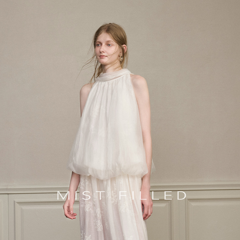 Mist Filled French-Style Tencel Embroidered Double-Layer Hazy A-Line Bud-Shaped Halter Neck Ribbon Top